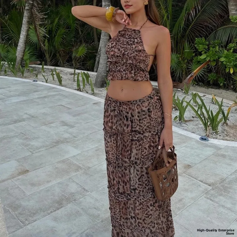 Verão feminino leopardo impressão fora do ombro dr cross-border sle saia longa sem sve briti sle vestido de noite