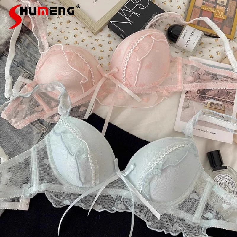 

Japanese Style Bow Lace Thin Bra Set for Women Wireless Small Chest Push Up Underwear Female Sweet Lolita Brief Suits