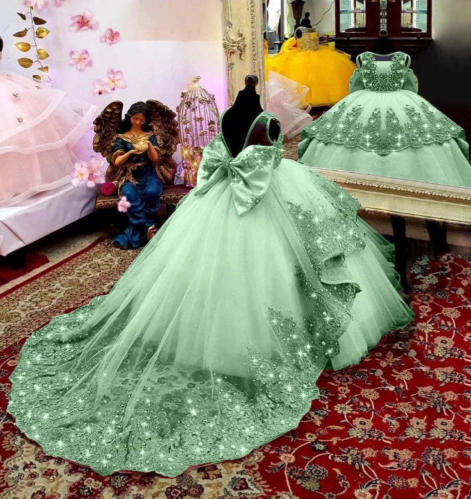 Vestido de niña de flores con apliques verdes para boda, tul sin mangas, largo hasta el suelo, vestidos de princesa hinchados para cumpleaños y primera comunión para niños