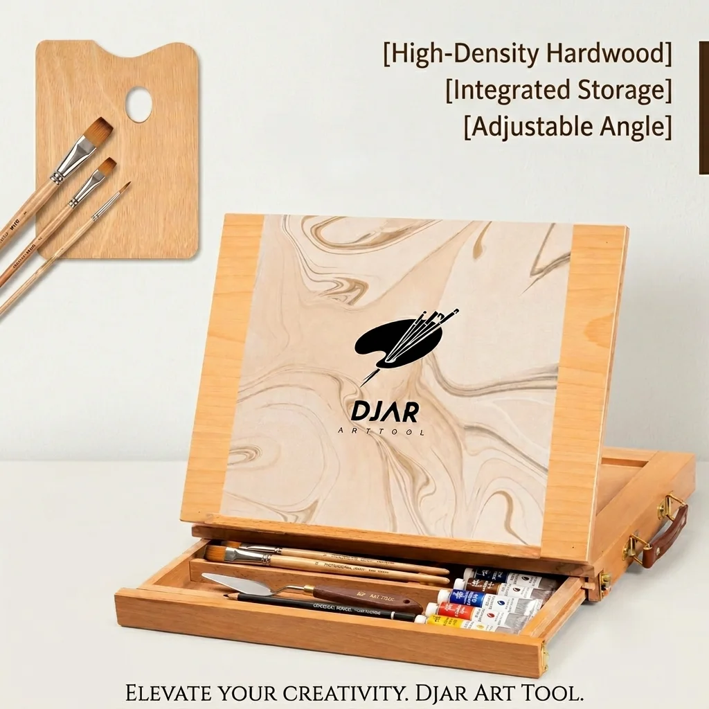 DJAR Wooden Tabletop Sketch Easel Stand, Adjustable Beech Wood Desktop Painting Box with Storage Drawer & Palette, Portable Travel Desk Art Easel Holder for Painting, Drawing, Holds 11