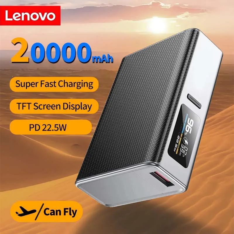 

Портативное зарядное устройство Lenovo Super Fast Charge Power Bank 20000 мАч, большая емкость, двусторонняя быстрая зарядка Qc3.0, мобильный источник питания для iPhone, Xiaomi