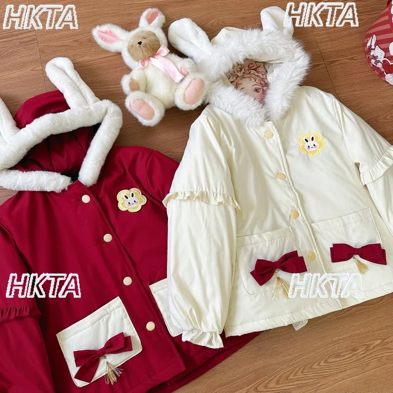 

Sweet 2025 New Winter Warm Oversized Lolita Hooded Coat Female Cute Kawaii Bow Pleated Loose Cotton Jacket White Parkas Women