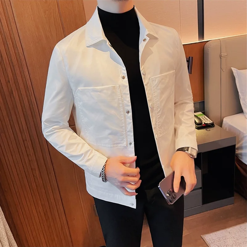 Black/White Autumn Long Sleeved Lapel Jacket 2024 Fashion Big Pocket Slim Fit Casual Coat Single Breasted Simple Social Overcoat