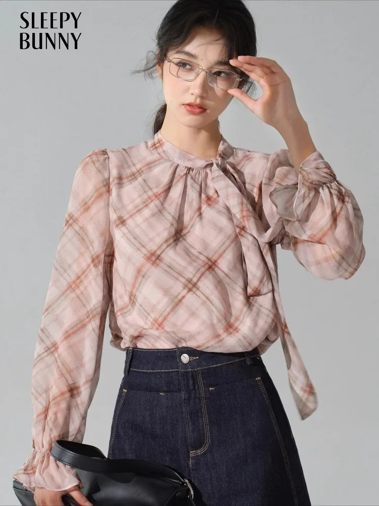 

French Vintage Plaid Blouse for Women Long Sleeve Ruffle Shirt Structured Shoulder Sweet Fit Autumn Top Elegant Checkered Design