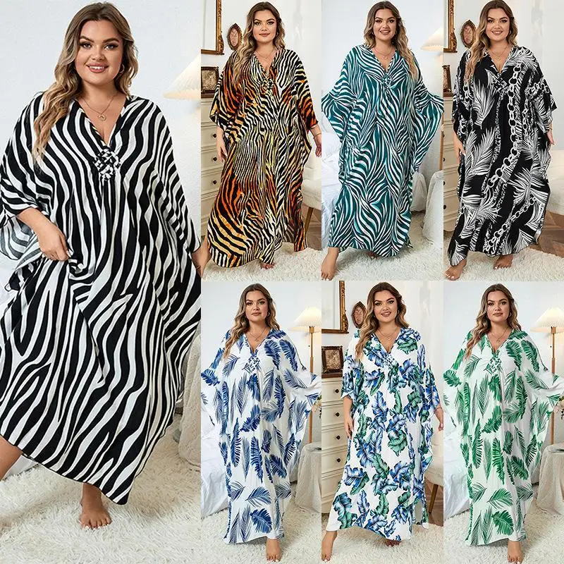 Plus Size Women\'s Clothing Bathing Suit Cover Up Colorful Beach Kaftan Dress Long Bikini Cover Up Swimsuit Beachwear