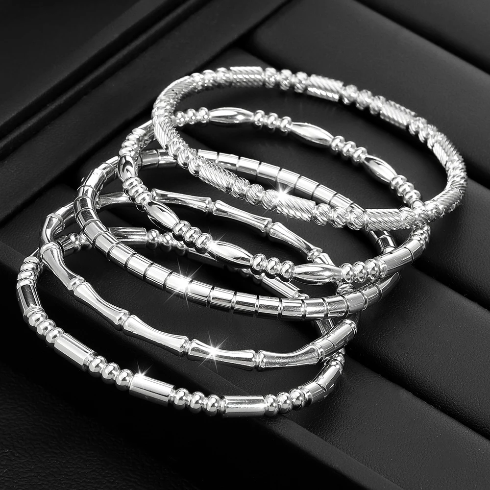 

5PCS Simple Retro Stainless Steel Cuff Bracelets, Waterproof Classic Silver Color Couple Bracelets, Exquisite Jewelry Gifts