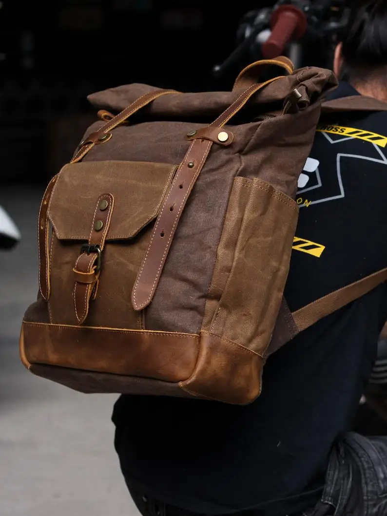 Multifunction Fashion Men Backpack Vintage Canvas Roll Top Backpack Leather School Bag Portable Wearproof Travel Weekend Bag