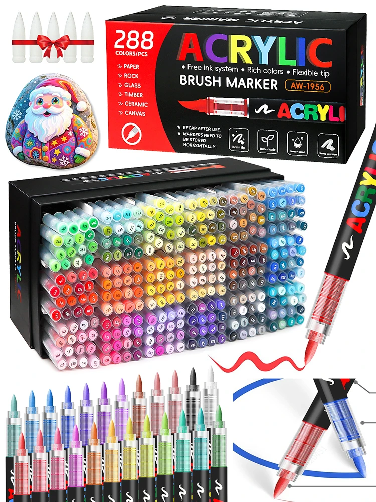 Stylo marqueur de peinture acrylique 12-288 couleurs, pointe de pinceau, système de contrôle automatique de l'encre, marqueur pour peinture sur roche, bois, cadeau de noël
