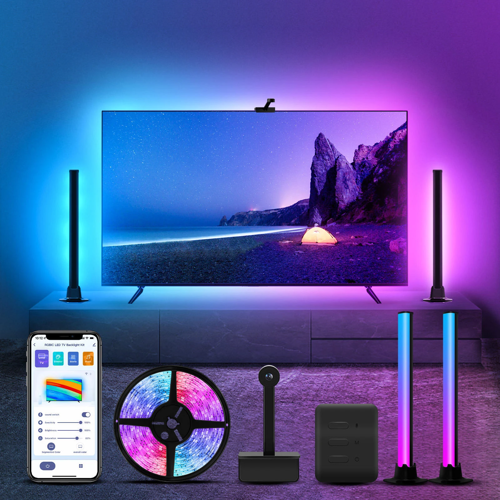 LED TV Backlight RGBIC Strip Lights 12V Lamp Bars Tuya WiFi Immersion Screen Music Sync Alexa Google Home Control with Camera