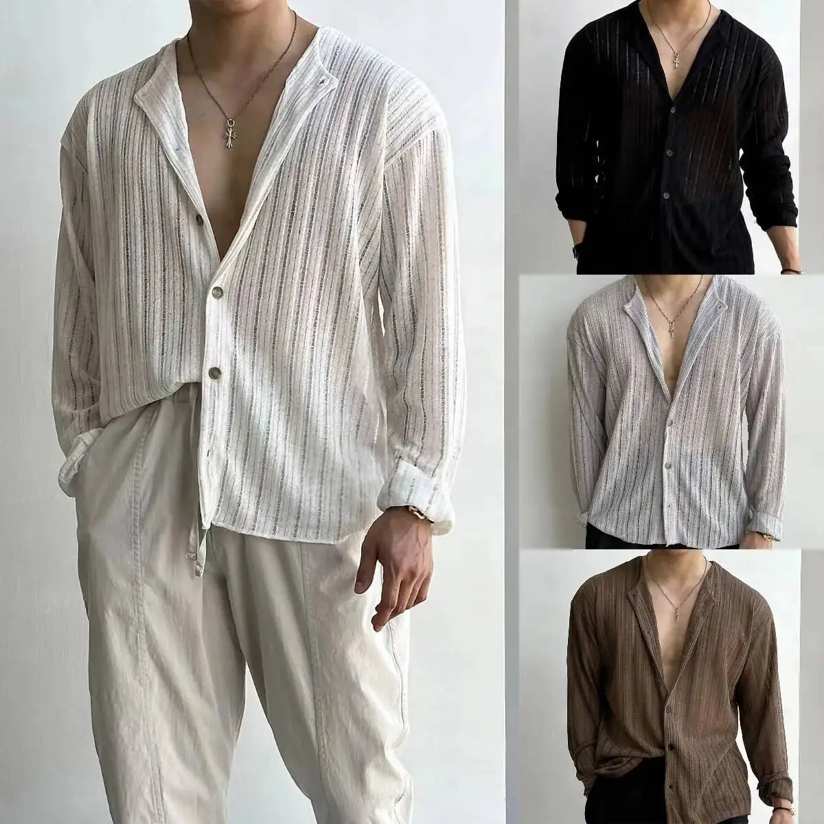 

Man Shirts 2026 Spring Summer New Knit Cardigan For Men Solid Color Hollow Out Casual Shirt Long Sleeve V Neck Shirt Tops