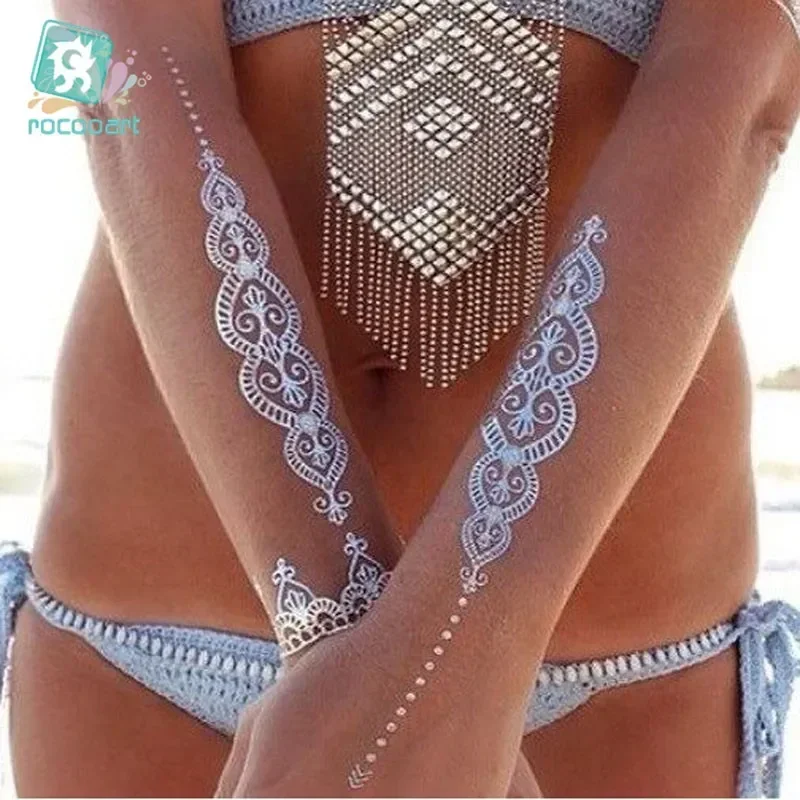  Flash Metallic Waterproof Temporary Tattoo Gold Silver Tatoo Women Henna Flower Taty Indian Arabic Tattoo Sticker