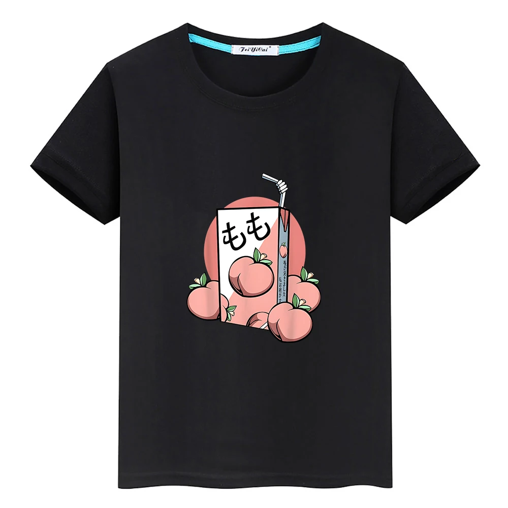 Peach Juice Cute Cartoon T-shirt 100% Cotton Casual Short Sleeve Tee-shirt Kawaii Graphic Printing Kids Shirt Boys and Girls Tee