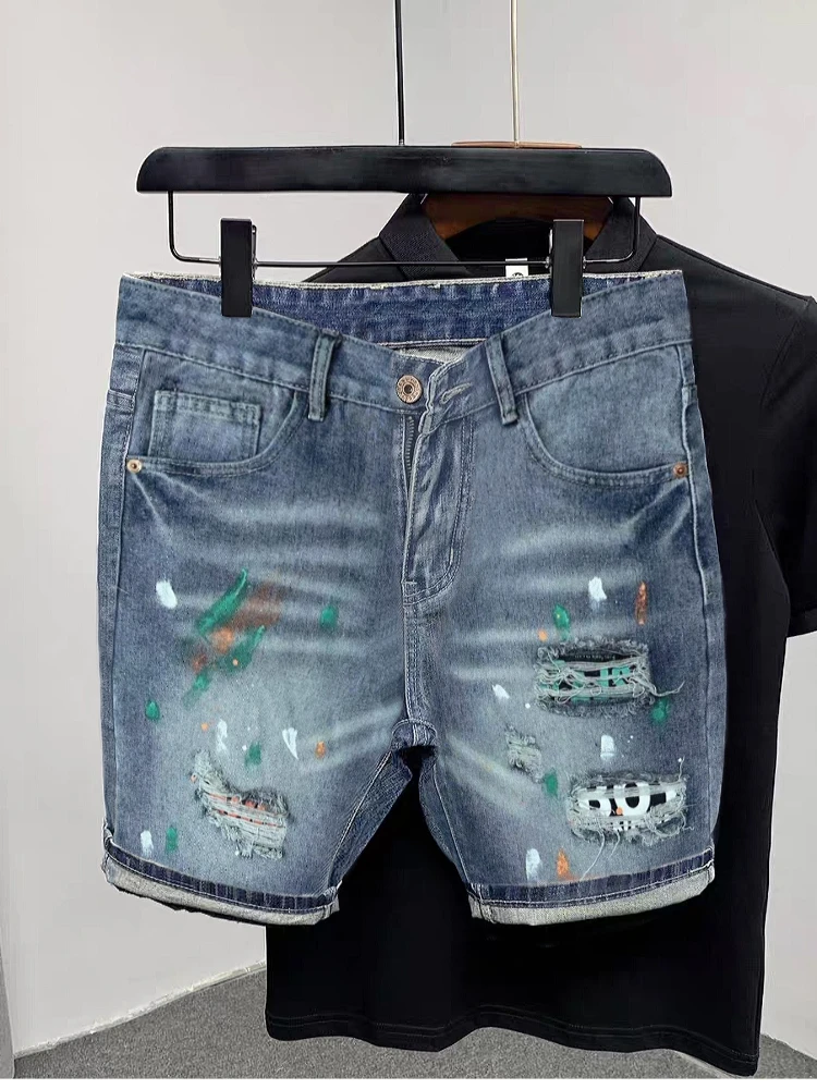 

New Summer Fashion Men's Denim Shorts Blue Streetwear Ripped Casual Short Jeans Paint Splash Technology Hip Hop Male Shorts