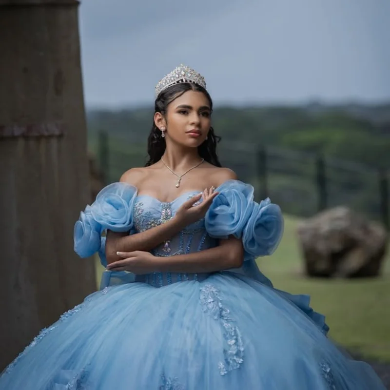 

sky blue Quinceanera Dress off-shoulder Lace crystal glitter decal 3D flower Long tail vestidos de 15 Quinceanera ﻿Customized