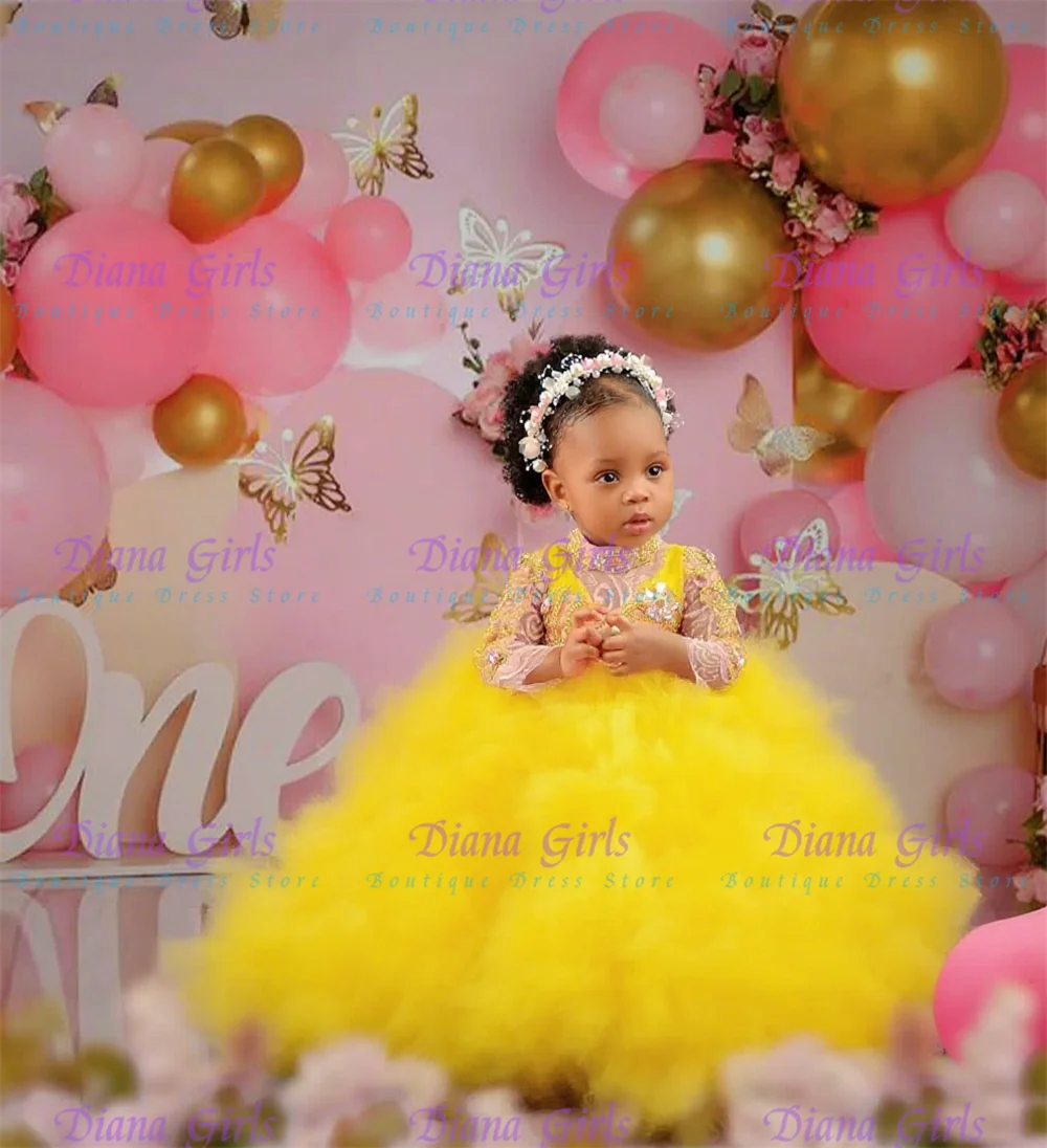 

Quality Lovely Yellow Flower Girl Dress Tulle Fluffy With Gold Applique For Little Princess Birthday Party Evening Ball Gowns