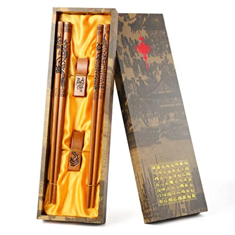 

Chopsticks Reusable- Chinese Style Chopstick, Dragon and Phoenix Chopsticks Set with Holder and Carrying Bag, Natural Wooden Ch