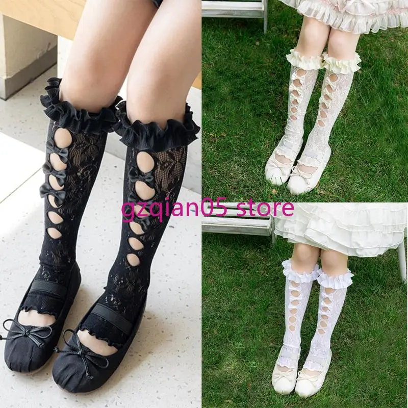 

N7ME Stretchy Lace Stackable Socks for Girls Ballet Bowknot Accent Fashion Leg Sleeve