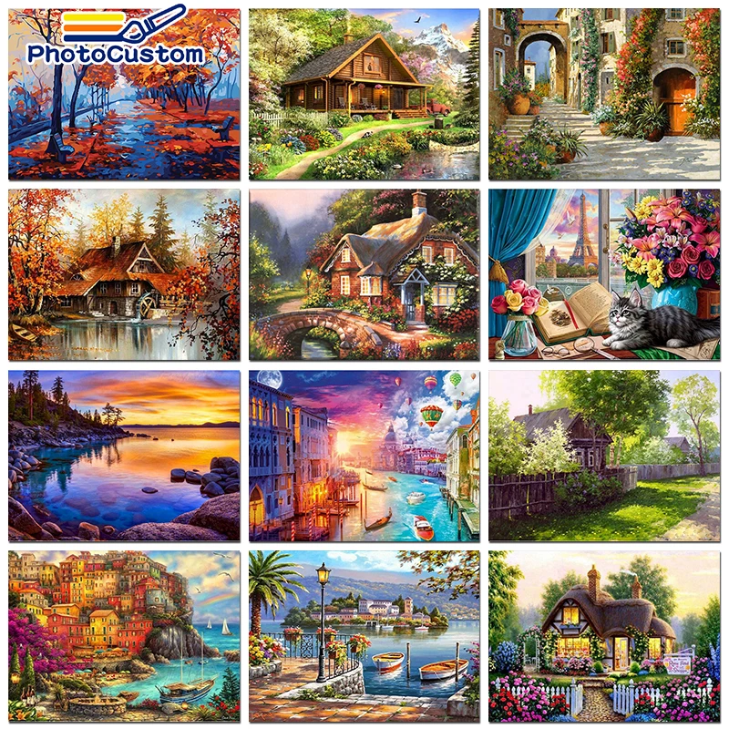 

PhotoCustom Painting By Numbers Village House For Adult Kit Landscape Oil DIY HandPaint Canvas Paint Coloring Picture Home Decor