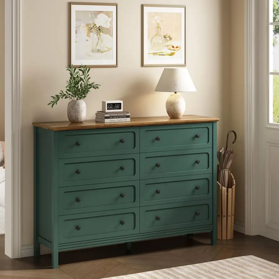 침실용 그린 드레서, 55인치 폭 8서랍 드레서, 금속 손잡이와 깊은 서랍이 있는 모던 대형 원목 서랍장