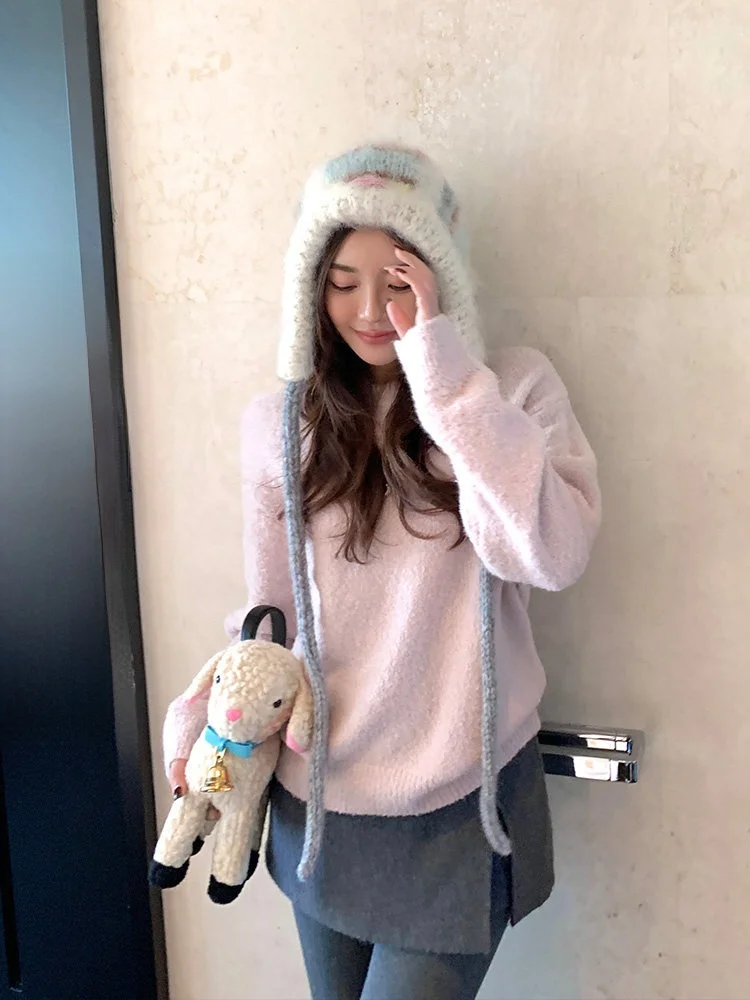 

Warm Fce Blend Knit Sweater Cozy Camel Hair Blend Long Sve round Ne Thiened Autumn Winter Women's Soft Knitted Top