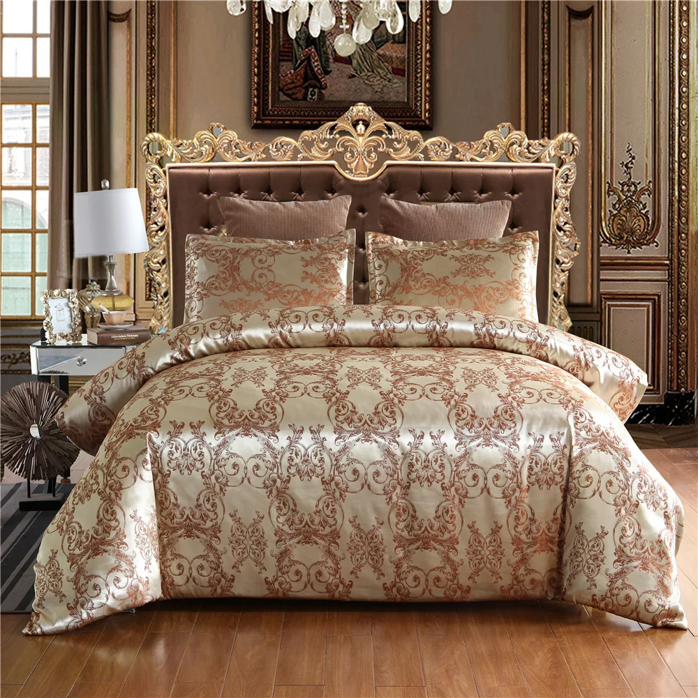 Double Queen Damast-Jacquard-Satin-Bettbezug, 3-teilig, luxuriöse Seide wie Bettwäsche, Trösterbezug mit Reißverschluss, 1 Bettlaken, 2 Kissenbezüge