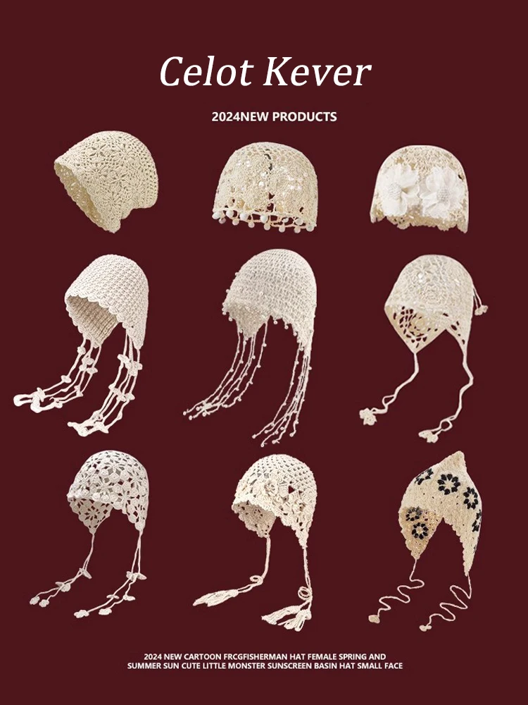 手織り花柄ニット帽-レディース-夏-パールタッセル-エスニックスタイル-透かし編みヘッドキャップ-カジュアル-ラウンドトップ-つばなし-旅行に便利