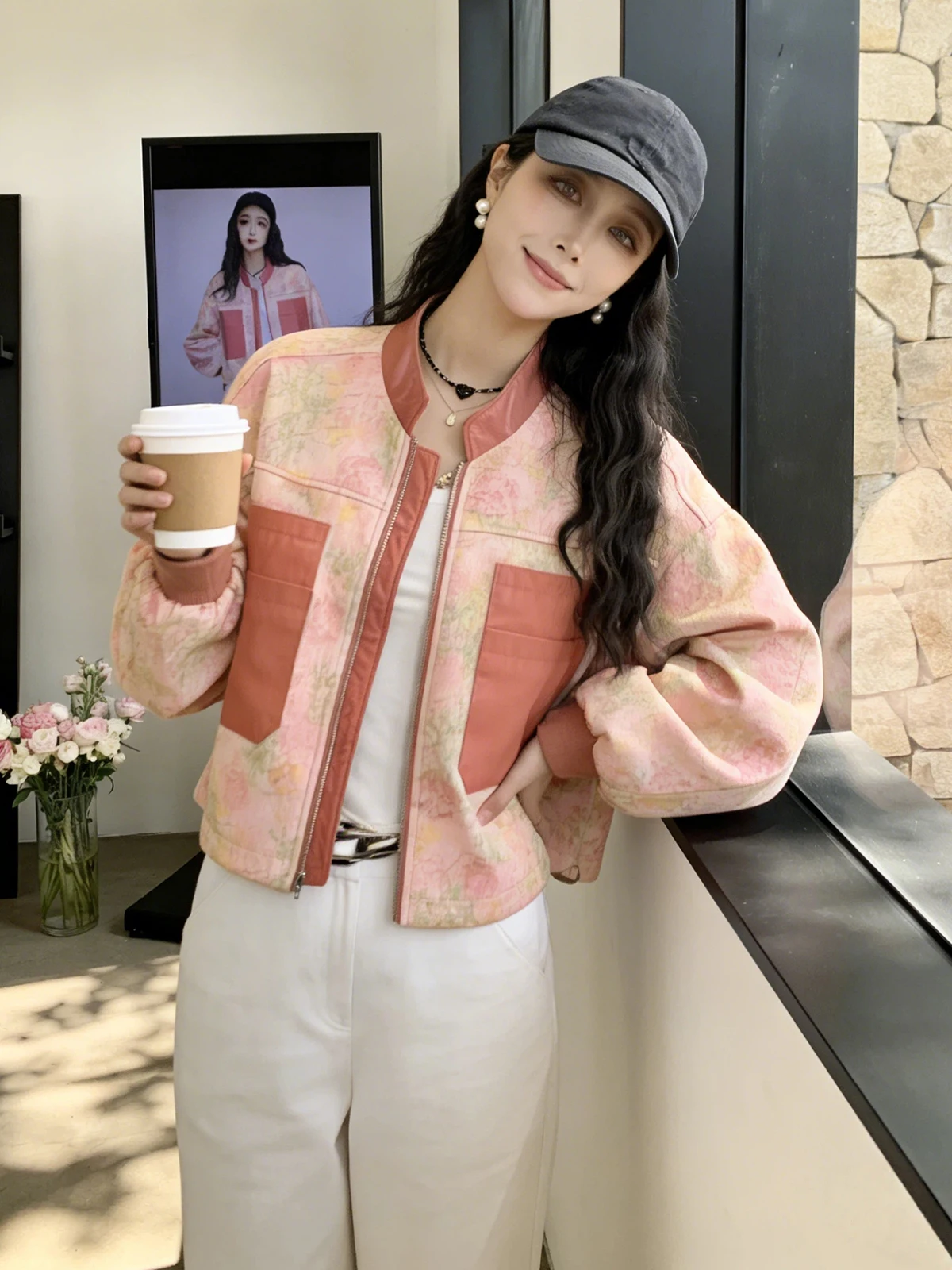 Retro Korean Floral Baseball Jacket Women's High Waist Slim Short Outerwear Summer Contrast Color Pocket Coat Commute Style
