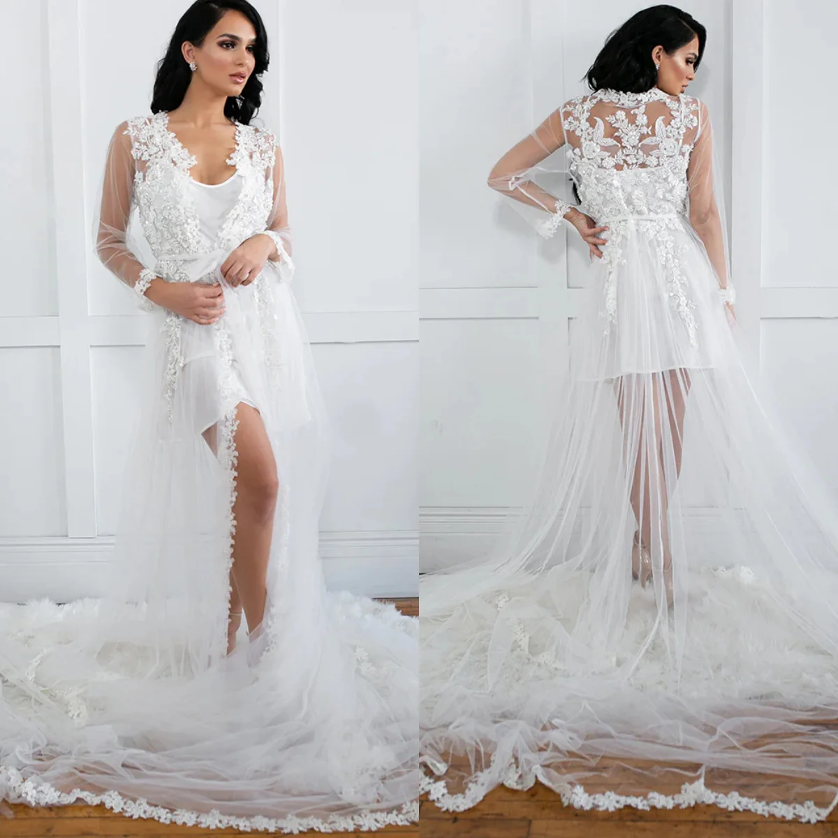 Luxury Lace Bride Robe And Nightgown Tulle Bridal Gowns Photo shoot Maternity Dressing Gown for Photography