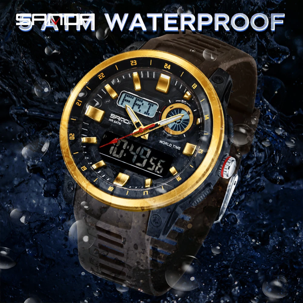 SANDA 3389 새로운 2025 남자 스포츠 석영 전자 디지털 LED 듀얼 디스플레이 남자 시계 방수 군사 충격 방지 시계