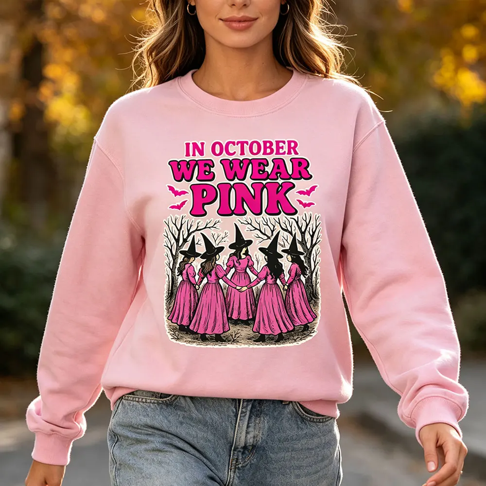In October We Wear Pink Sweater Retro Witch Breast Cancer Awareness Sweatshirt Pink Ribbon Halloween Hoodie Support Squad Jumper