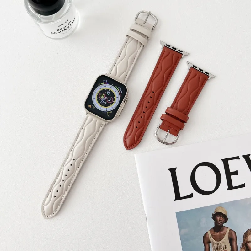 Tali kulit modis untuk jam tangan Apple Seri 7 Correa 45mm 44mm 38 40 41mm 42mm 49mm gelang warna Solid untuk iWatch SE 6 5 4 3 8