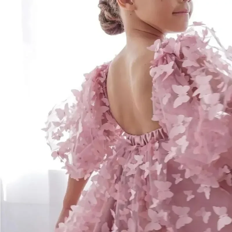 Fashion Baby Girl Dress Butterfly Puff Sleeve Child Tulle Princess Dress For Vestido Pageant Party Birthday A3743