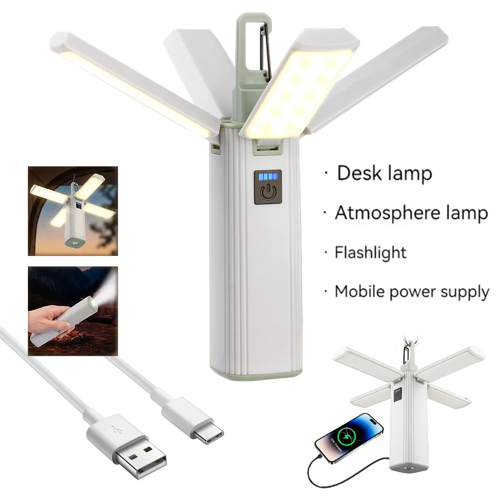 Tragbare Faltbare Outdoor-Campinglampe 3 Modi USB-Aufladbar Hängende Zeltleuchte Taschenlampe Powerbank Notfall-Handlampe