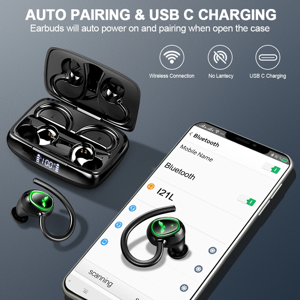 سماعات أذن لاسلكية، سماعات بلوتوث 5.3 مع ميكروفون مزدوج، سماعات رأس رياضية لاسلكية بشاشة LED وقت تشغيل 48 ساعة.