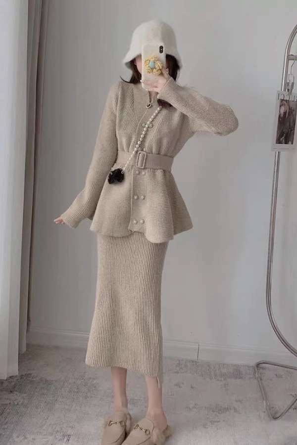 

Premium Knit Two Piece Set Women Elegant Lady Chic Sweater Dress Autumn Winter