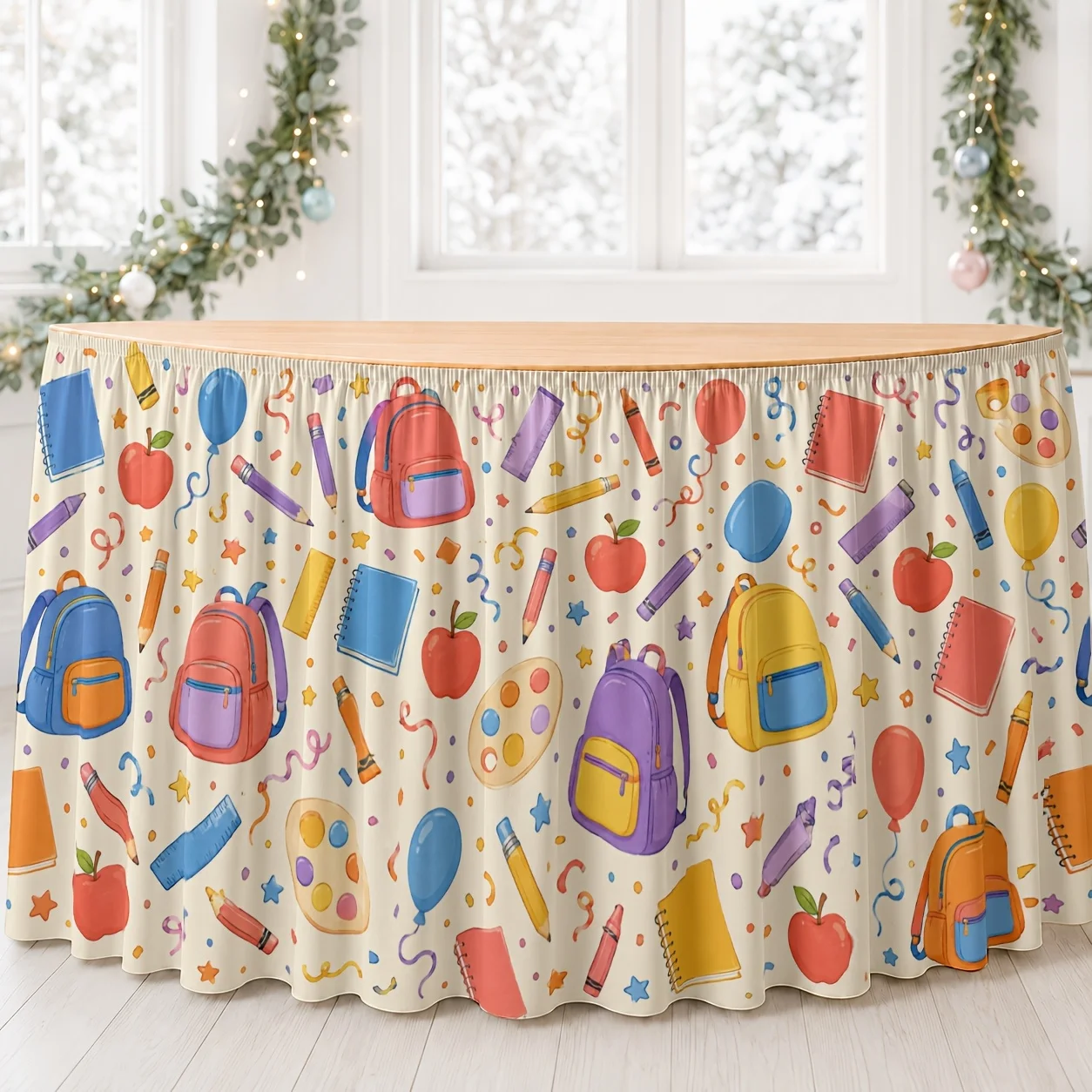Back-to-school theme party tablecloth, featuring colorful patterns of schoolbags, notebooks, apples, balloons and pencilsxzj