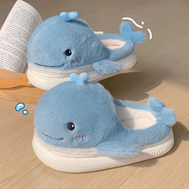 2023 Cute Cartoon Whale Slippers Women Fluffy Fur Slippers Platform Indoor House Shoes Winter Animal Memory Foam Men Home Slides