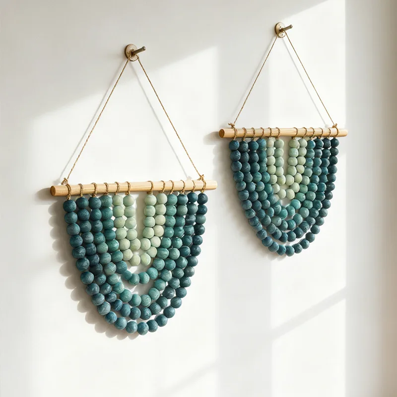 

New Product Blue Gradient Beaded Wall Hanging - Nordic Style Hemp Rope Wooden Bead Wall Decoration for Home and Homestay