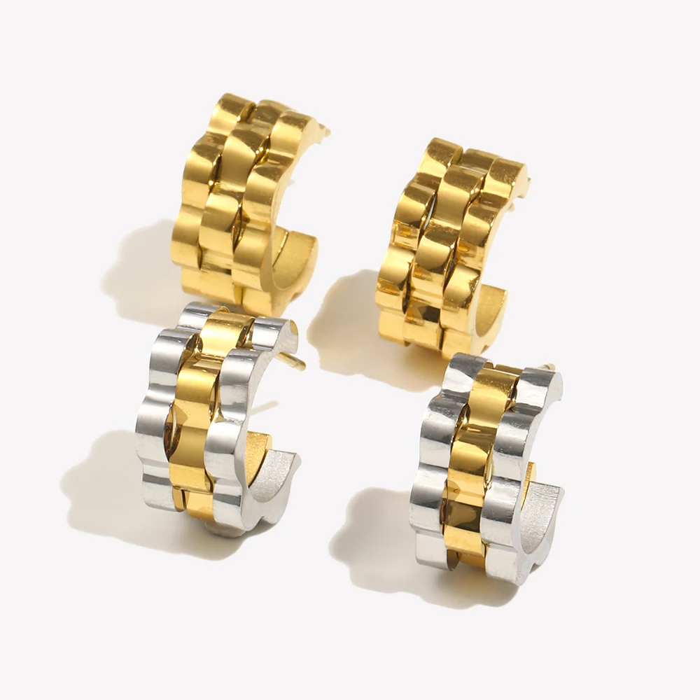 E.B.belle Cool Fashion Thick Chunky Watchband Small Hoop Earrings Gold Silver Color Metal Stainless Steel Earrings For Woman