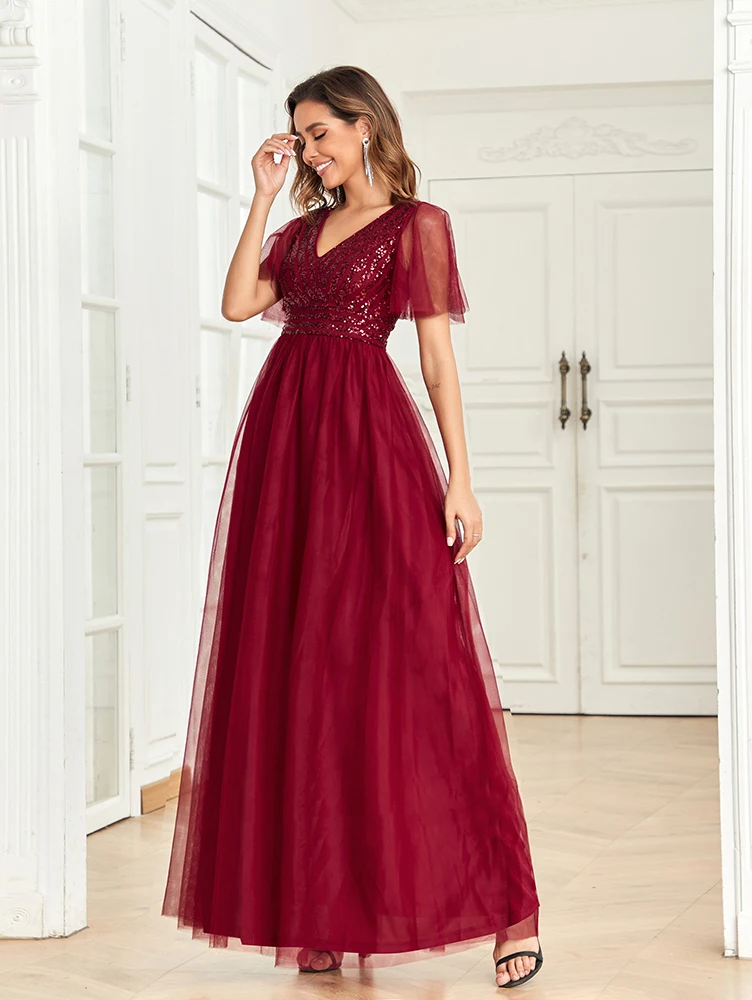 

New dark red v-neck evening dress sexy and elegant formal occasion long sequined mesh skirt