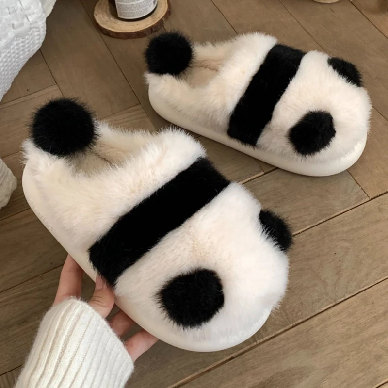 Zimowe kapcie damskie Panda Flat Furry Home Cartoon Women Cotton Shoes Female Cute Animal Warm Non-slip Shoes Slides