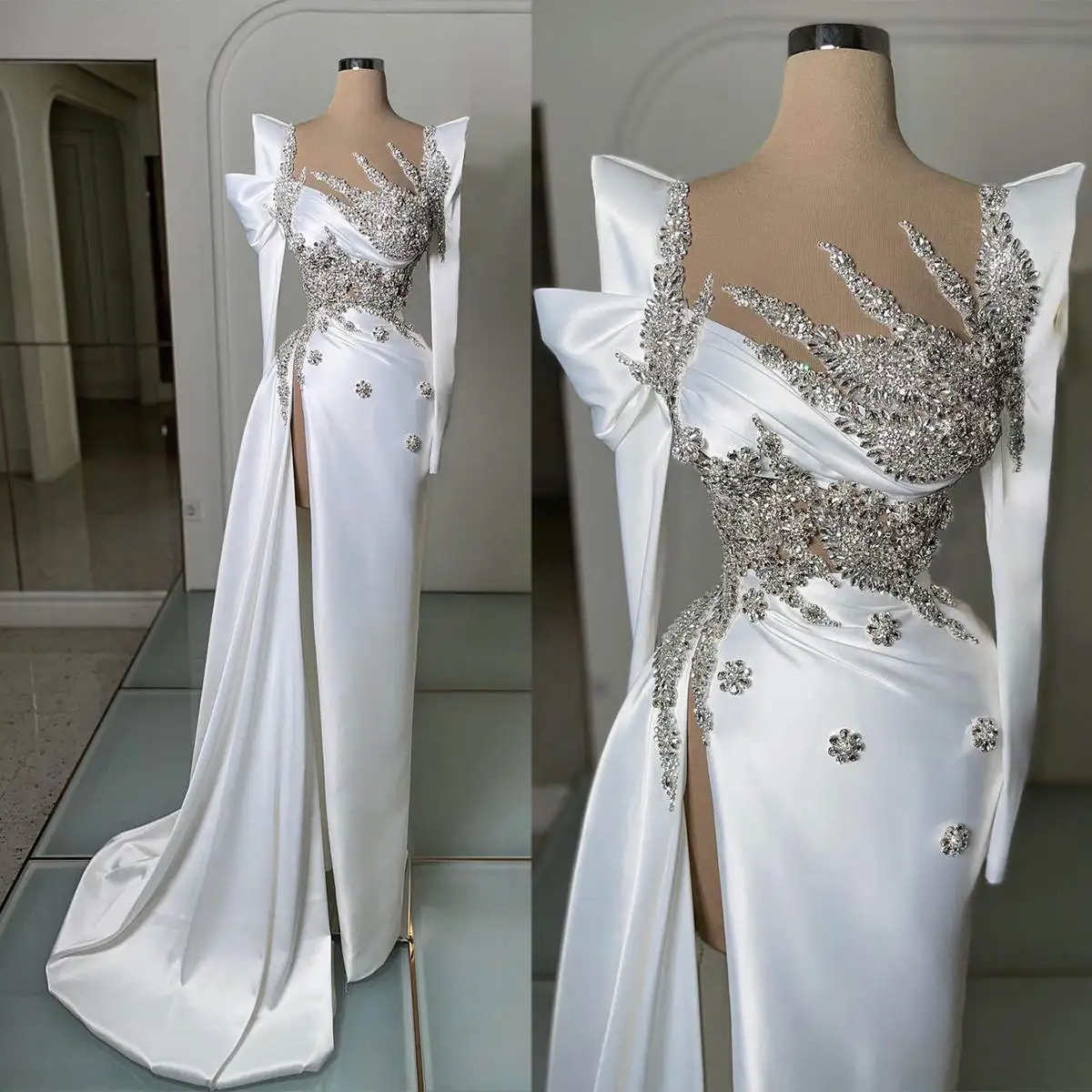 Vestidos de noche de moda, vestido de fiesta con cuentas de cristal, manga larga, abertura lateral, hecho a medida