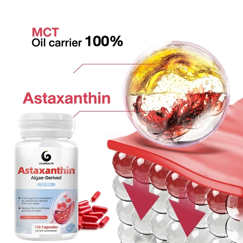 Astaxanthin 12mg Extra Strength Non-GMO Haematococcus Pluvialis Microalgae Naturally Occurring Canthaxanthin and Beta-Carotene