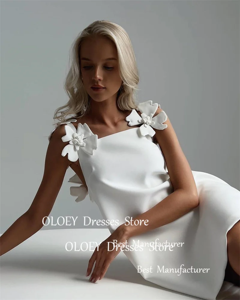 OLOEY White Straight Party Dresses 3D Flowers Square Neck Thick Satin Cocktail Dress Women Wedding Gowns Pregnant Outfit