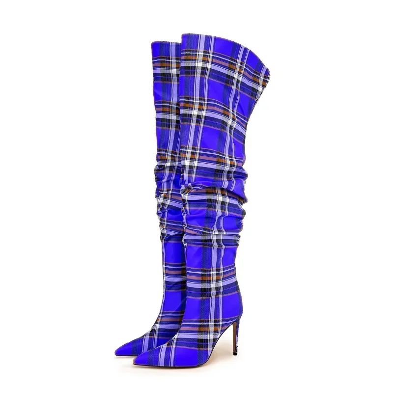 2024 Autumn and Winter New Fashionable High-heeled Plaid Fabric Knee High Boots for European and American Women\'s Fashion Shows