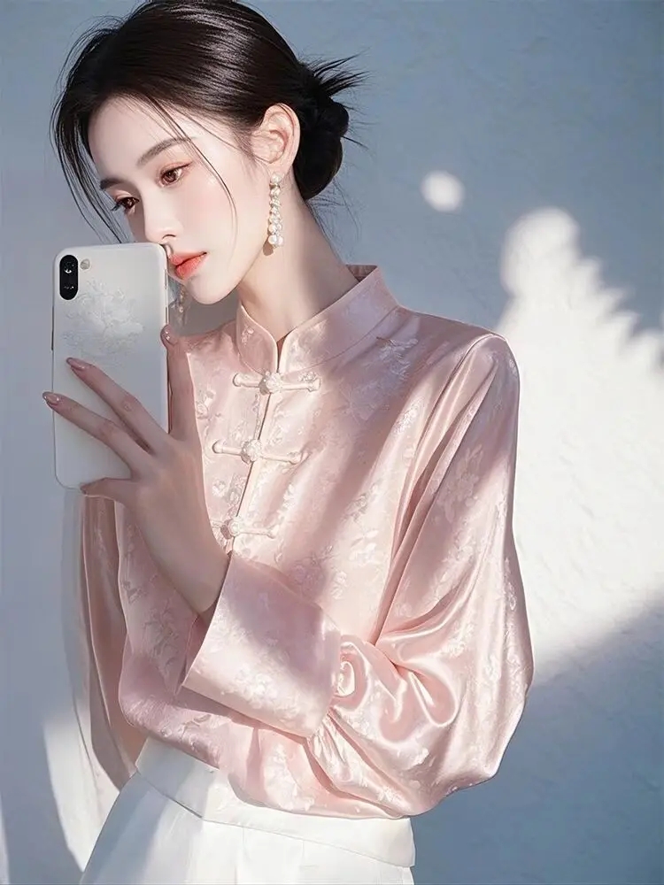 

New Chinese Style Women's Shirt Pink Satin Embroidered Button up Top Modified Qing Dynasty Costume Early Spring Fashion