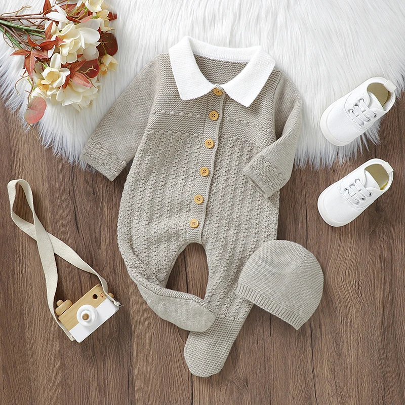 Winter Long Sleeve Baby Boys Girls Rompers Hats Outfits Sets Autumn Solid Color Knitting Newborn Netural Jumpsuits Clothes 0-18m