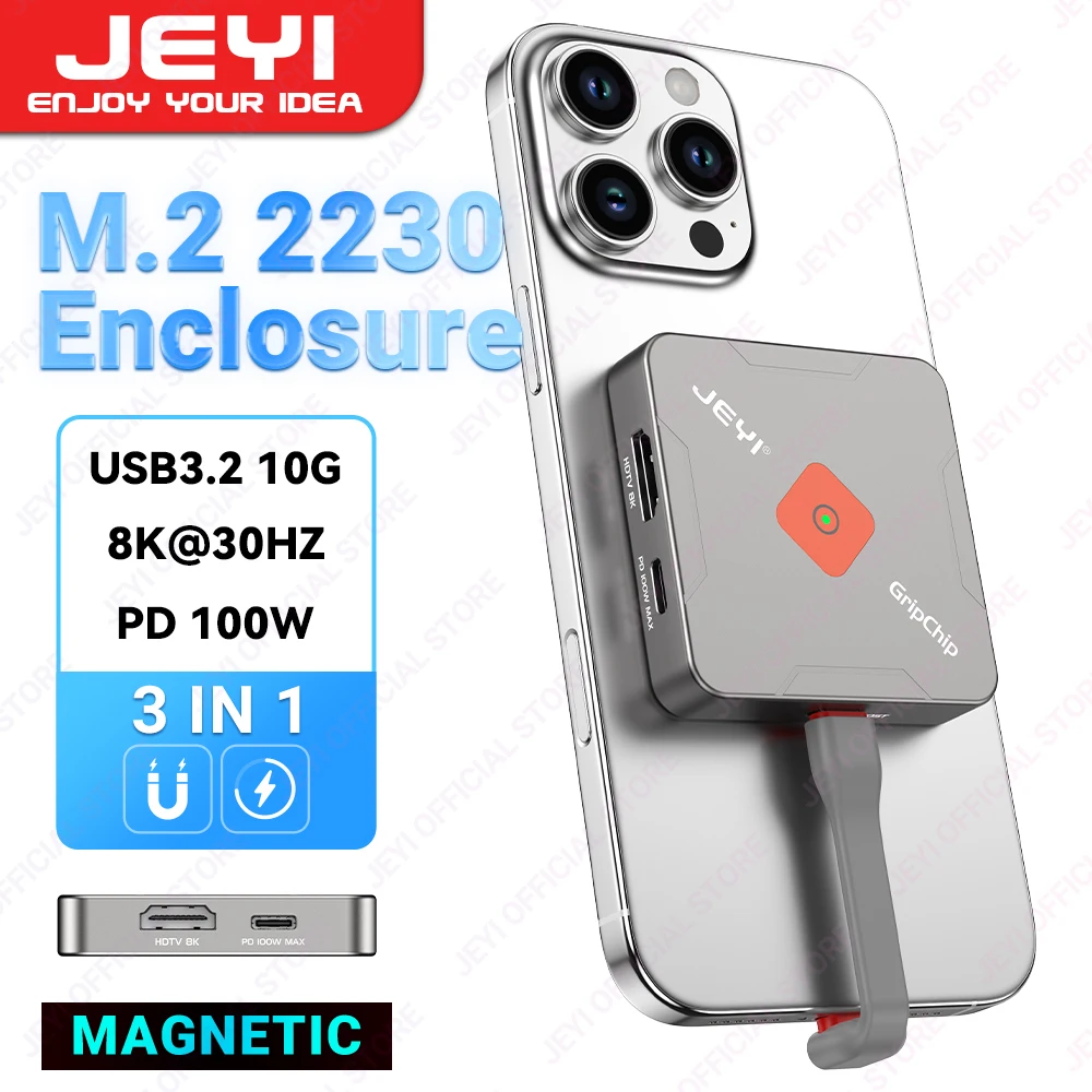 JEYI Magnetic M.2 2230 SSD Enclosure with Magsafe for iPhone 16/15 ProRes, 8K/4K HD Screen Share, USB 10Gbps, 100W PD Charging