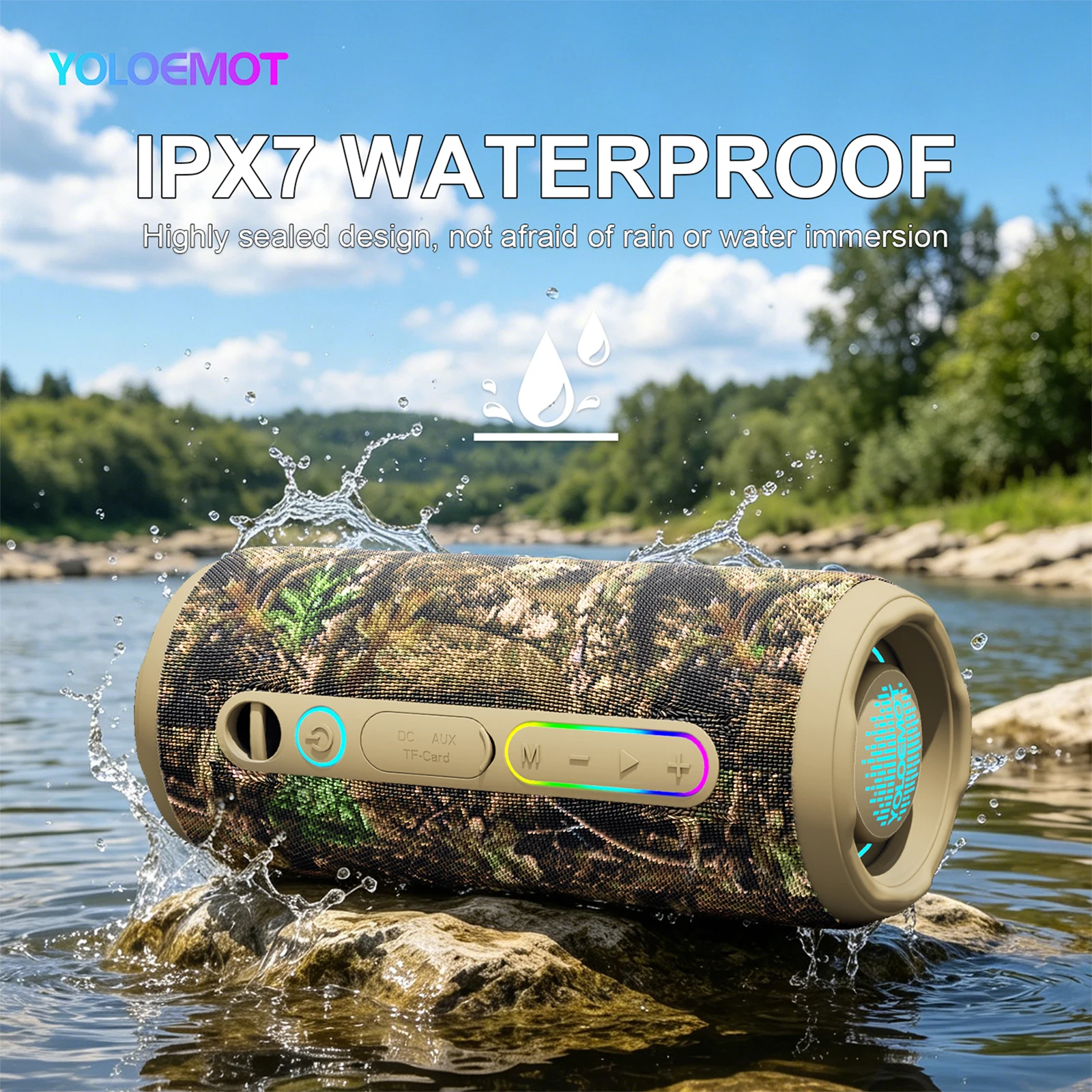Outdoor Bluetooth Speaker IPX7 Waterproof 24W Deep Bass Stereo RGB Light 12H Playtime Wireless Speaker Micro SD AUX Camp