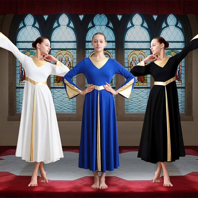 Women Praise Dance Dress with Metallic Splicing Flare Sleeve Liturgical Worship Dress Church Choir Worship Praise Dress ﻿